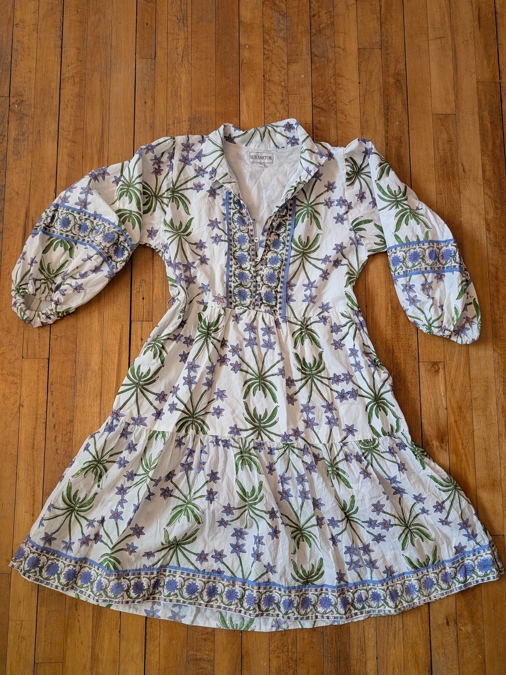 SUE SARTOR Flounce Shorty Mini Lined Cotton Block Print Dress Bermudiana S